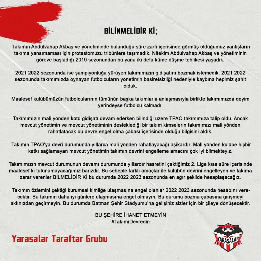 Yarasalar taraftar grubundan Petrolspor'a ilişkin sert açıklama