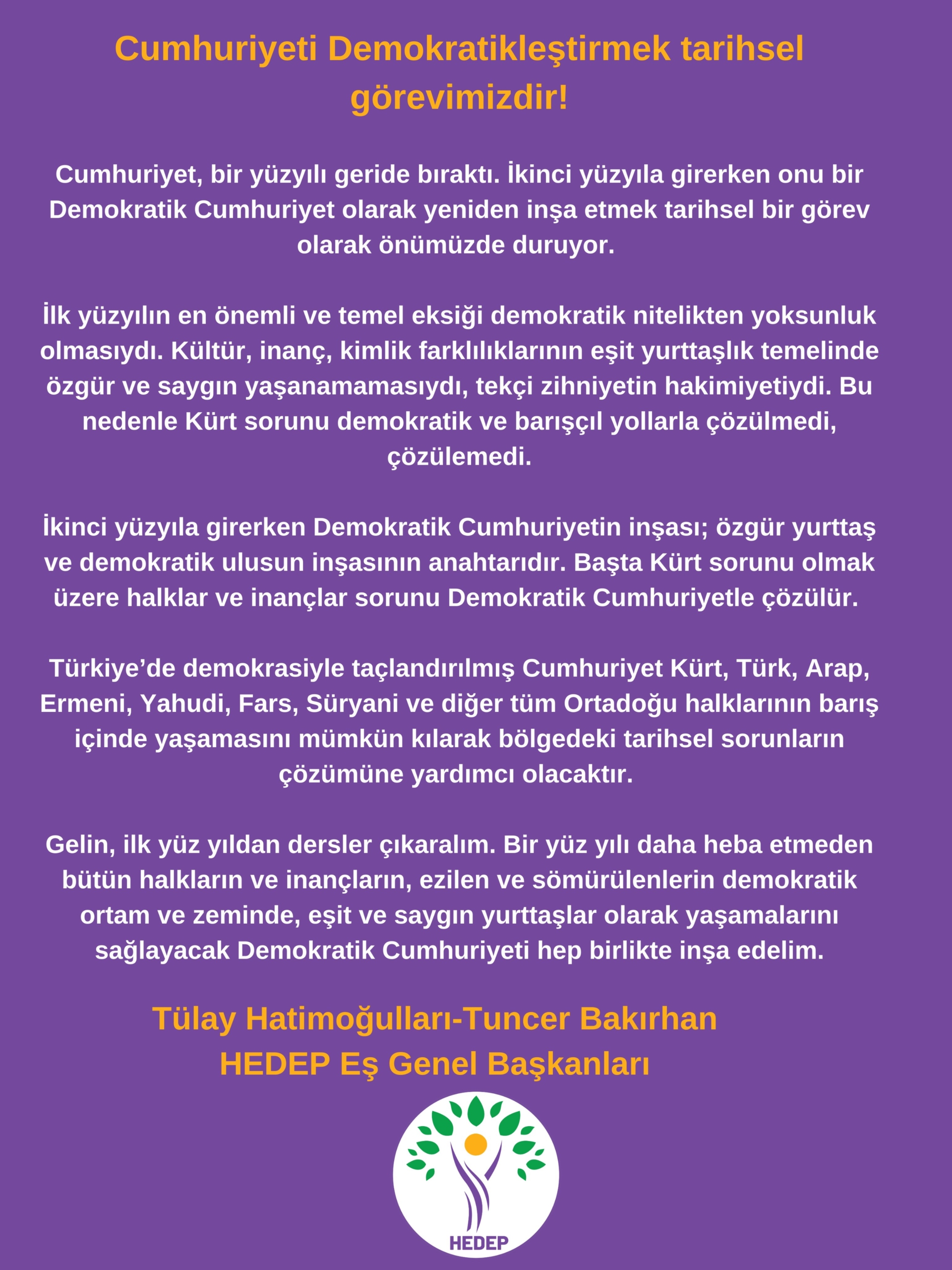 HEDEP: Cumhuriyeti demokratikleştirmek tarihsel görevimizdir