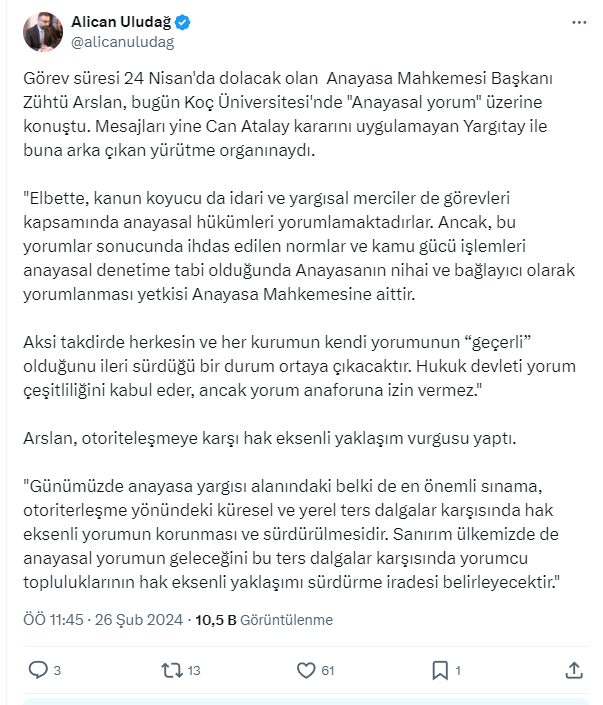 'Anayasanın nihai ve bağlayıcı olarak yorumlanması yetkisi Anayasa Mahkemesi'ne aittir'