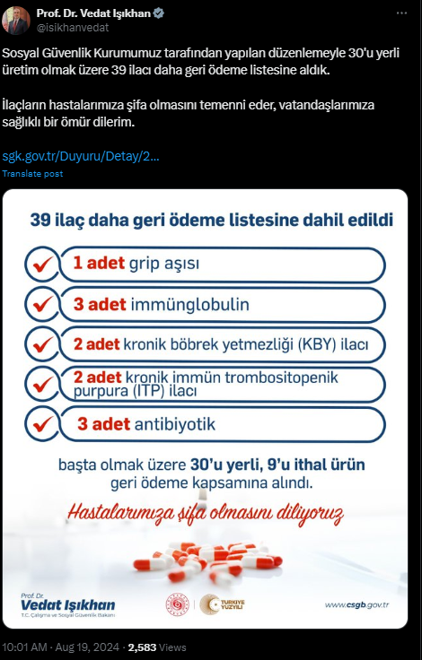 39 ilaç geri ödeme listesine alındı